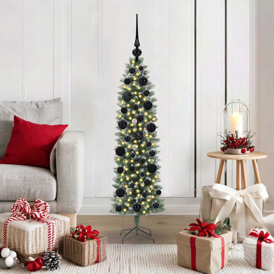 Kunstmatige slanke kerstboom met 150 LED Groen en wit 120 cm
