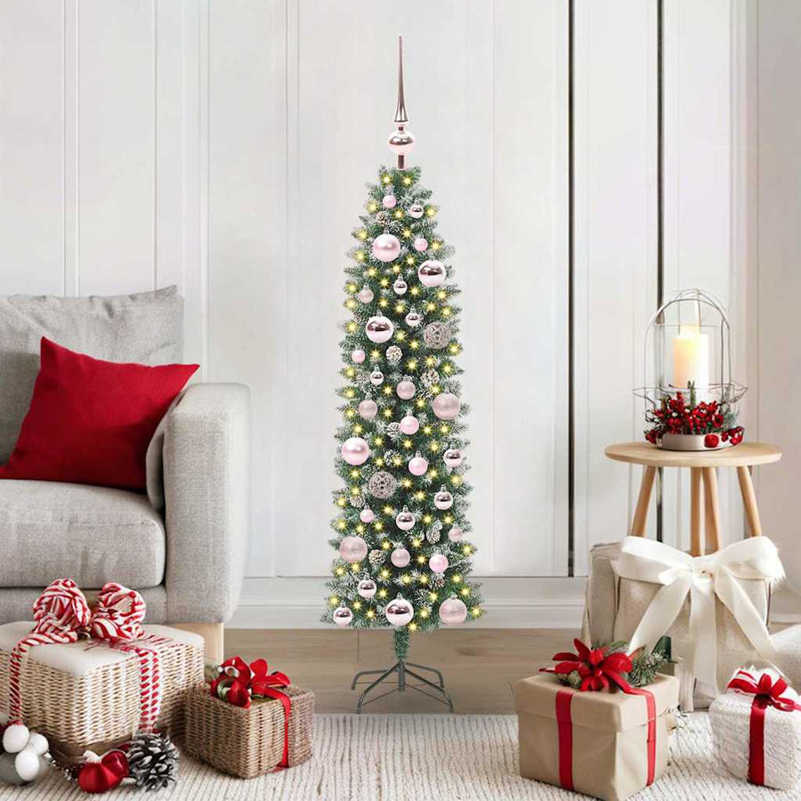 Kunstmatige slanke kerstboom met 150 LED Groen en wit 120 cm