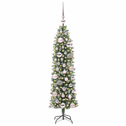Kunstmatige slanke kerstboom met 150 LED Groen en wit 120 cm