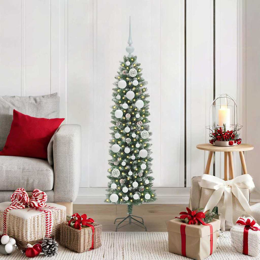 Kunstmatige slanke kerstboom met 150 LED Groen en wit 120 cm