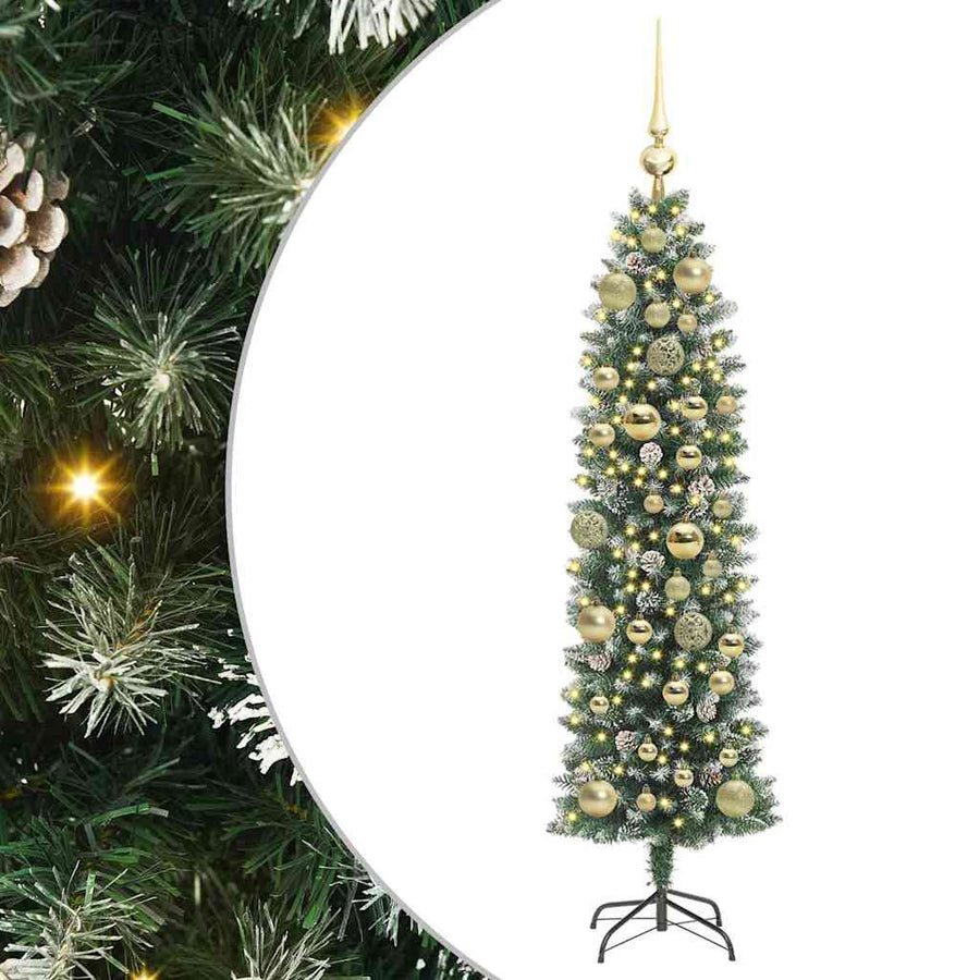 Kunstmatige slanke kerstboom met 150 LED Groen en wit 120 cm