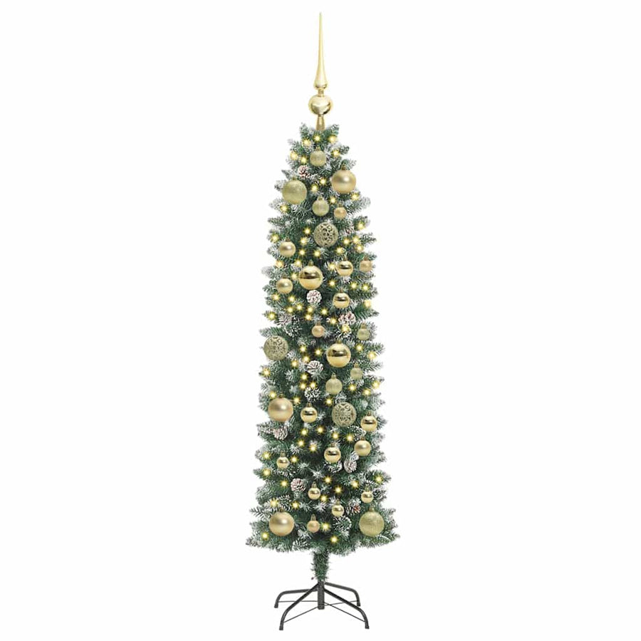 Kunstmatige slanke kerstboom met 150 LED Groen en wit 120 cm