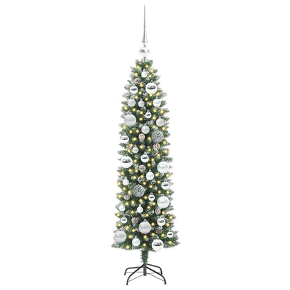 Kunstmatige slanke kerstboom met 150 LED Groen en wit 120 cm