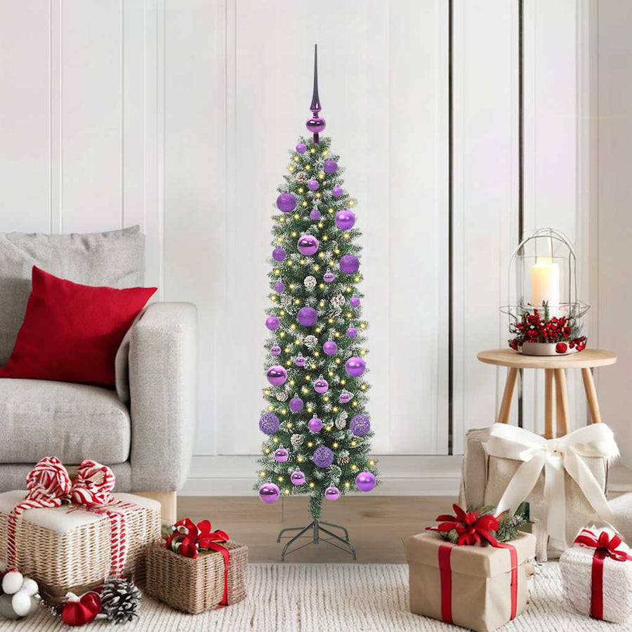 Kunstmatige slanke kerstboom met 150 LED Groen en wit 120 cm
