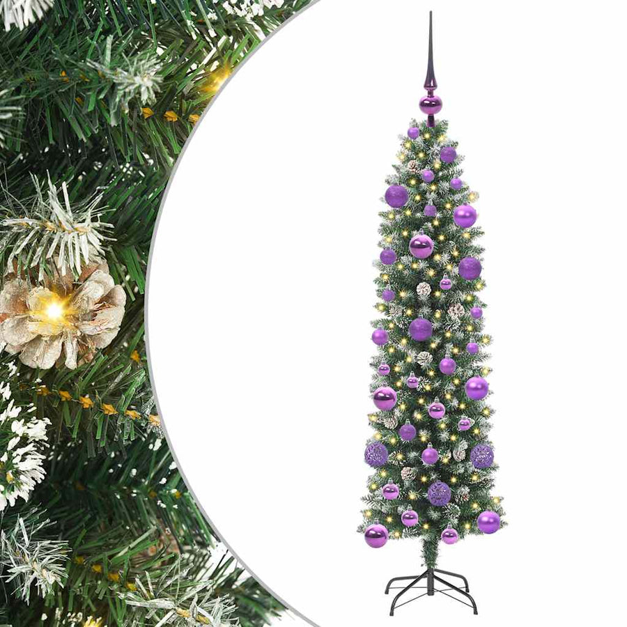 Kunstmatige slanke kerstboom met 150 LED Groen en wit 120 cm