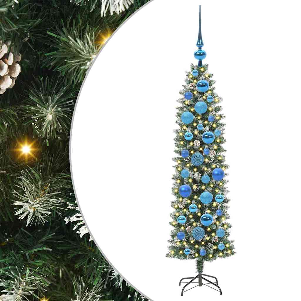 Kunstmatige slanke kerstboom met 150 LED Groen en wit 120 cm