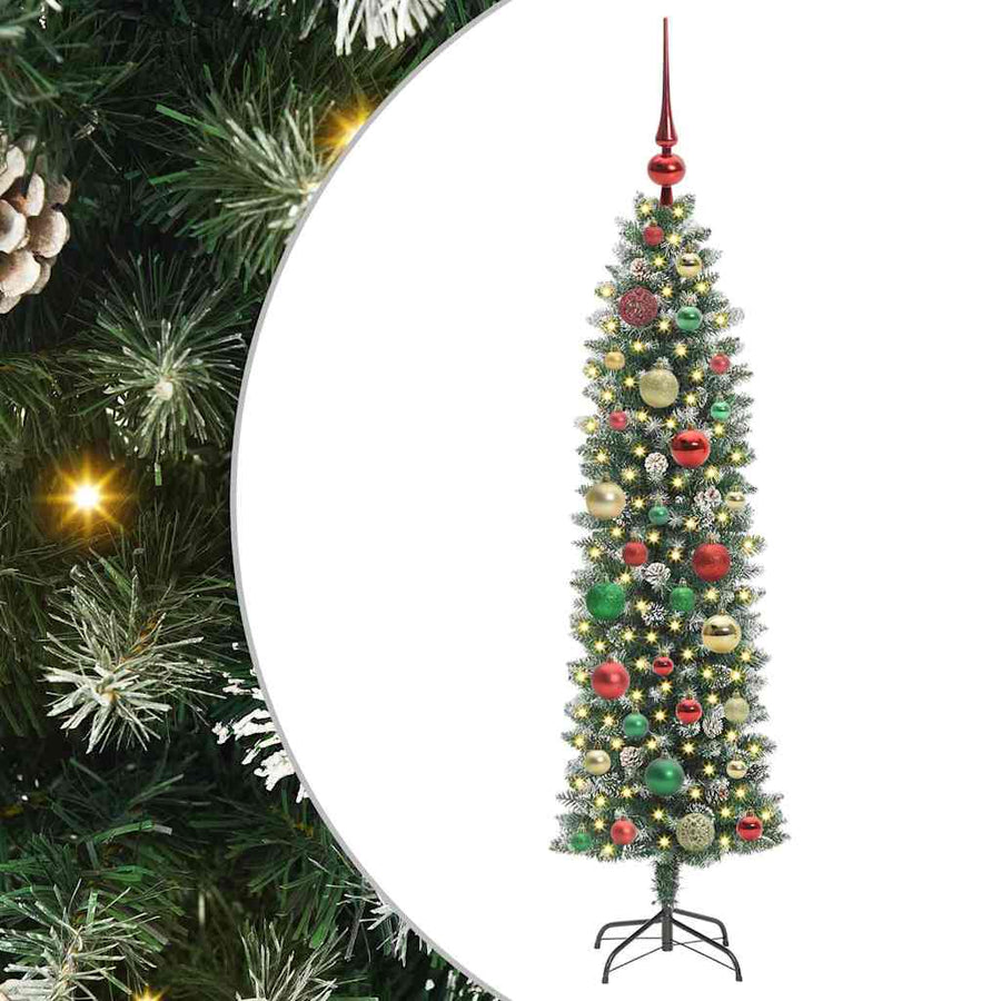 Kunstmatige slanke kerstboom met 150 LED Groen en wit 120 cm