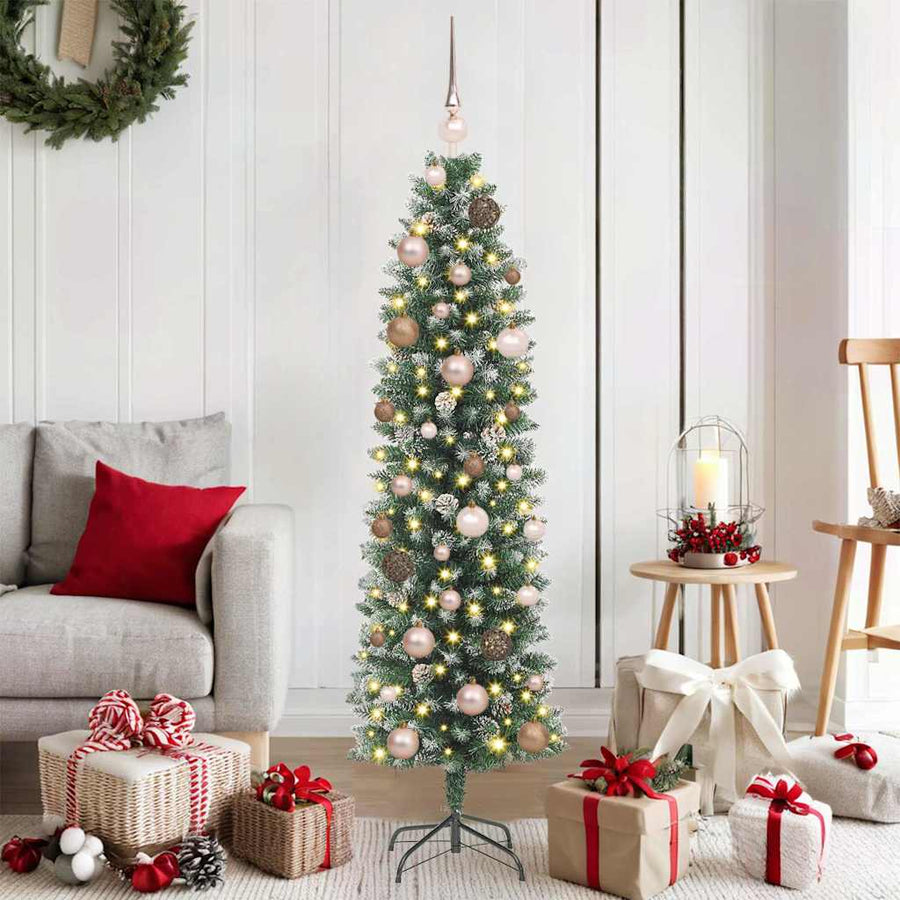 Kunstmatige slanke kerstboom met LED -striplichten Groen 150 cm