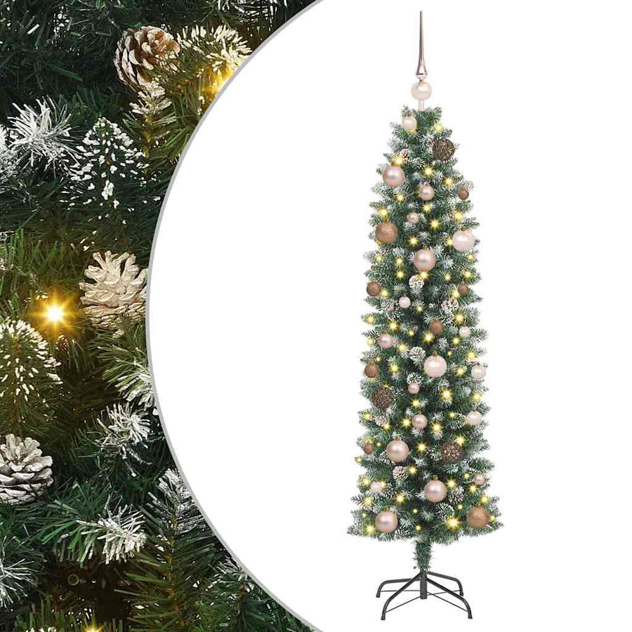 Kunstmatige slanke kerstboom met LED -striplichten Groen 150 cm