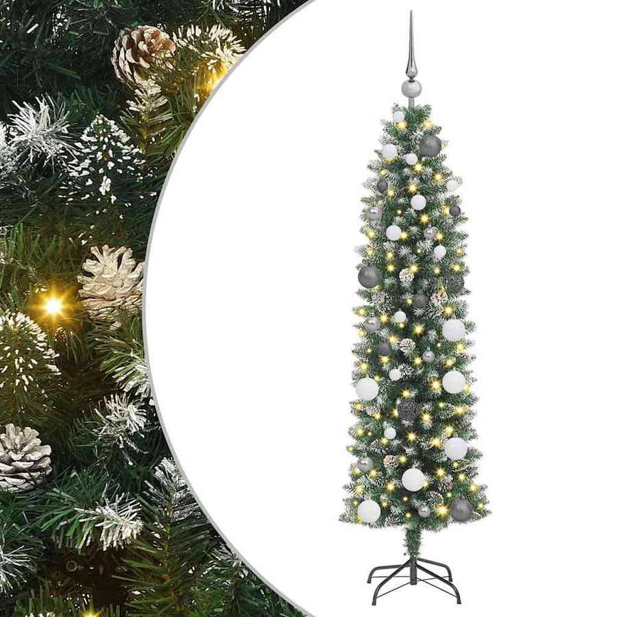 Kunstmatige slanke kerstboom met 150 LED Groen en Wit 150 cm