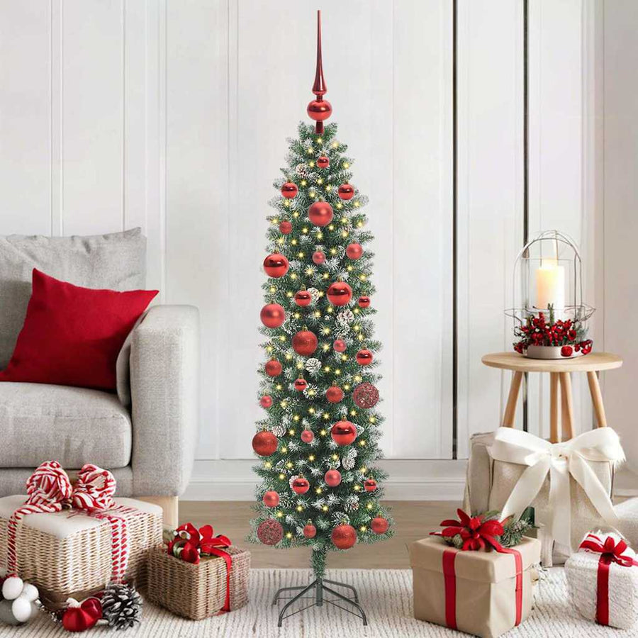 Kunstmatige slanke kerstboom met 150 LED Groen en wit 150 cm