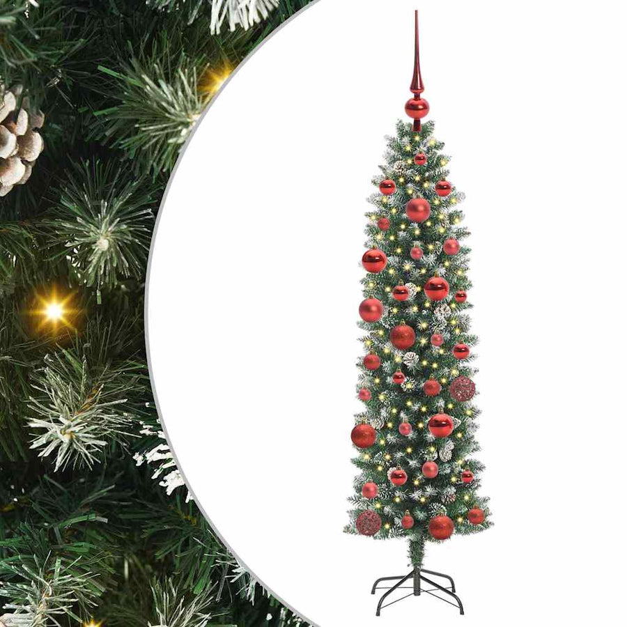 Kunstmatige slanke kerstboom met 150 LED Groen en wit 150 cm