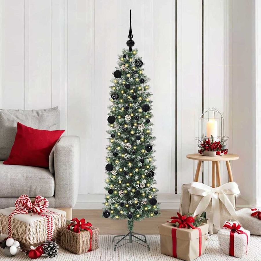 Kunstmatige slanke kerstboom met 150 LED Groen en wit 150 cm