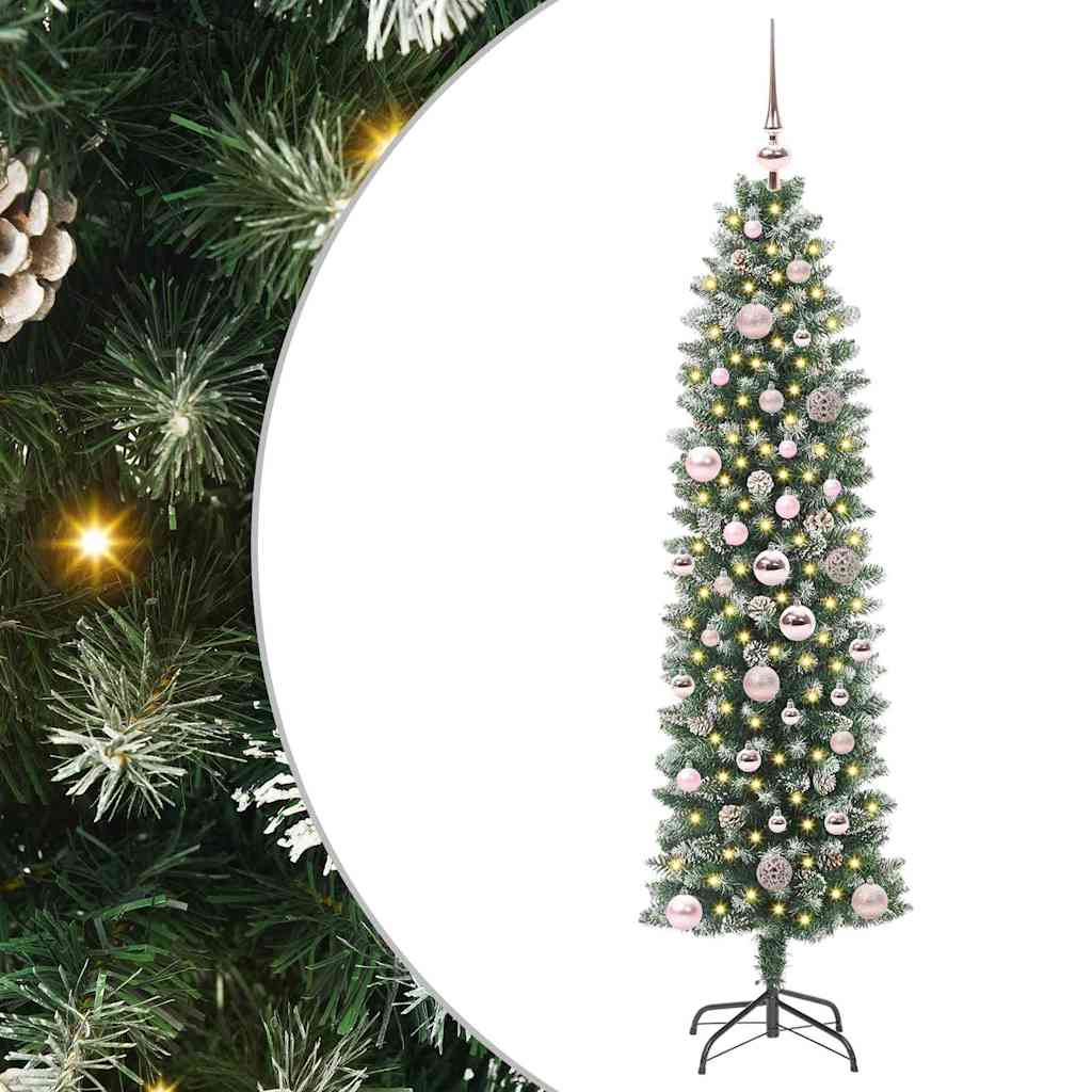 Kunstmatige slanke kerstboom met 150 LED Groen en wit 150 cm