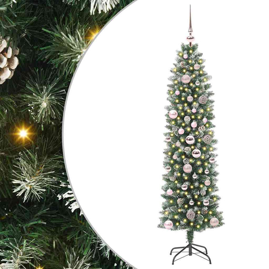 Kunstmatige slanke kerstboom met 150 LED Groen en wit 150 cm