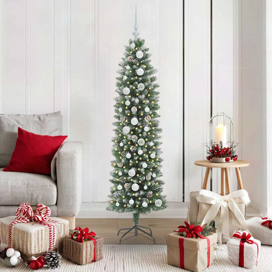 Kunstmatige slanke kerstboom met 150 LED Groen en wit 150 cm