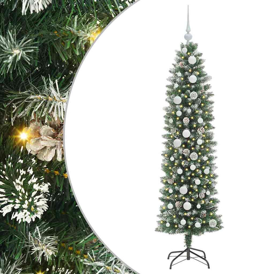 Kunstmatige slanke kerstboom met 150 LED Groen en wit 150 cm
