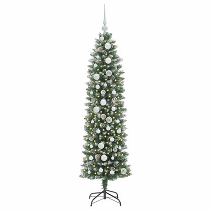 Kunstmatige slanke kerstboom met 150 LED Groen en wit 150 cm