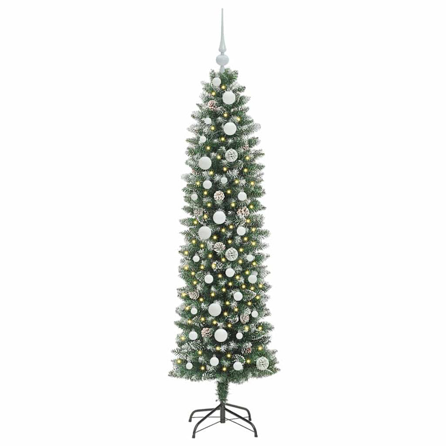 Kunstmatige slanke kerstboom met 150 LED Groen en wit 150 cm