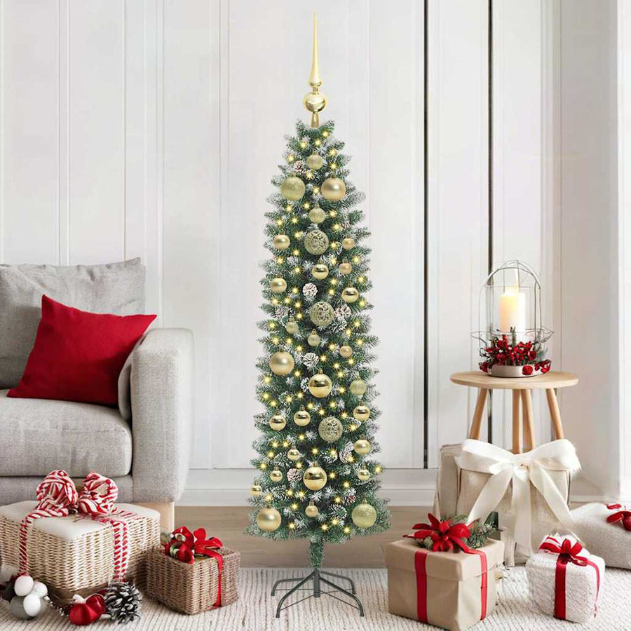 Kunstmatige slanke kerstboom met 150 LED Groen en wit 150 cm