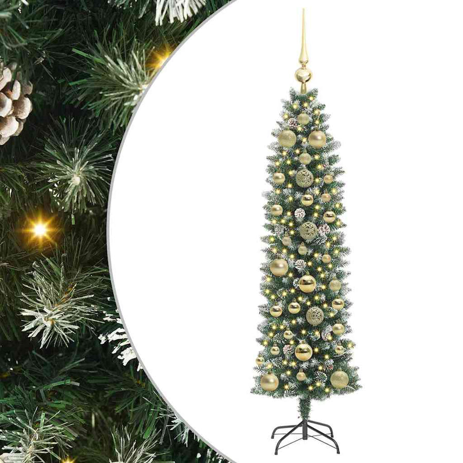 Kunstmatige slanke kerstboom met 150 LED Groen en wit 150 cm