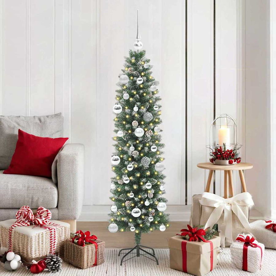 Kunstmatige slanke kerstboom met 150 LED Groen en wit 150 cm