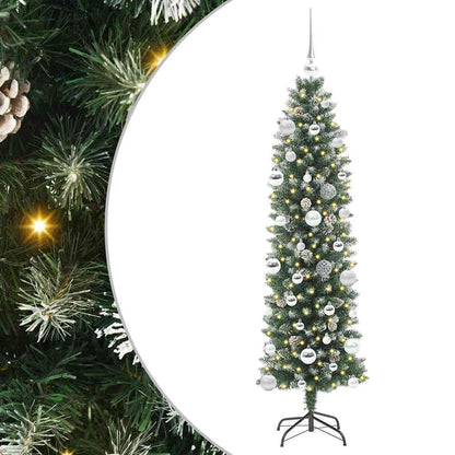 Kunstmatige slanke kerstboom met 150 LED Groen en wit 150 cm