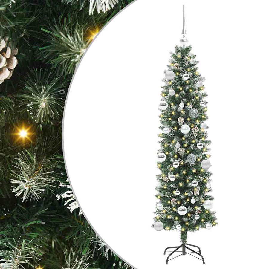 Kunstmatige slanke kerstboom met 150 LED Groen en wit 150 cm