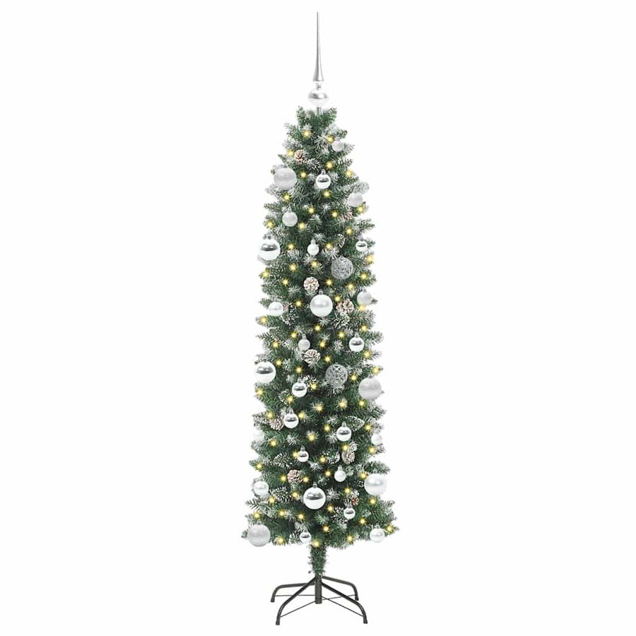 Kunstmatige slanke kerstboom met 150 LED Groen en wit 150 cm