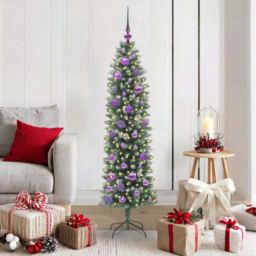 Kunstmatige slanke kerstboom met 150 LED Groen en wit 150 cm