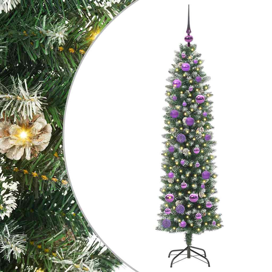 Kunstmatige slanke kerstboom met 150 LED Groen en wit 150 cm