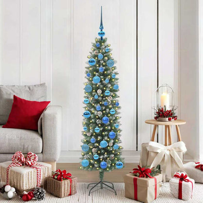 Kunstmatige slanke kerstboom met 150 LED Groen en wit 150 cm