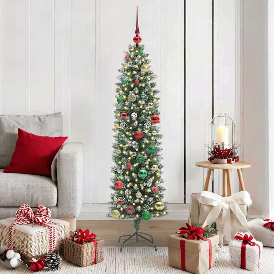 Kunstmatige slanke kerstboom met 150 LED Groen en wit 150 cm