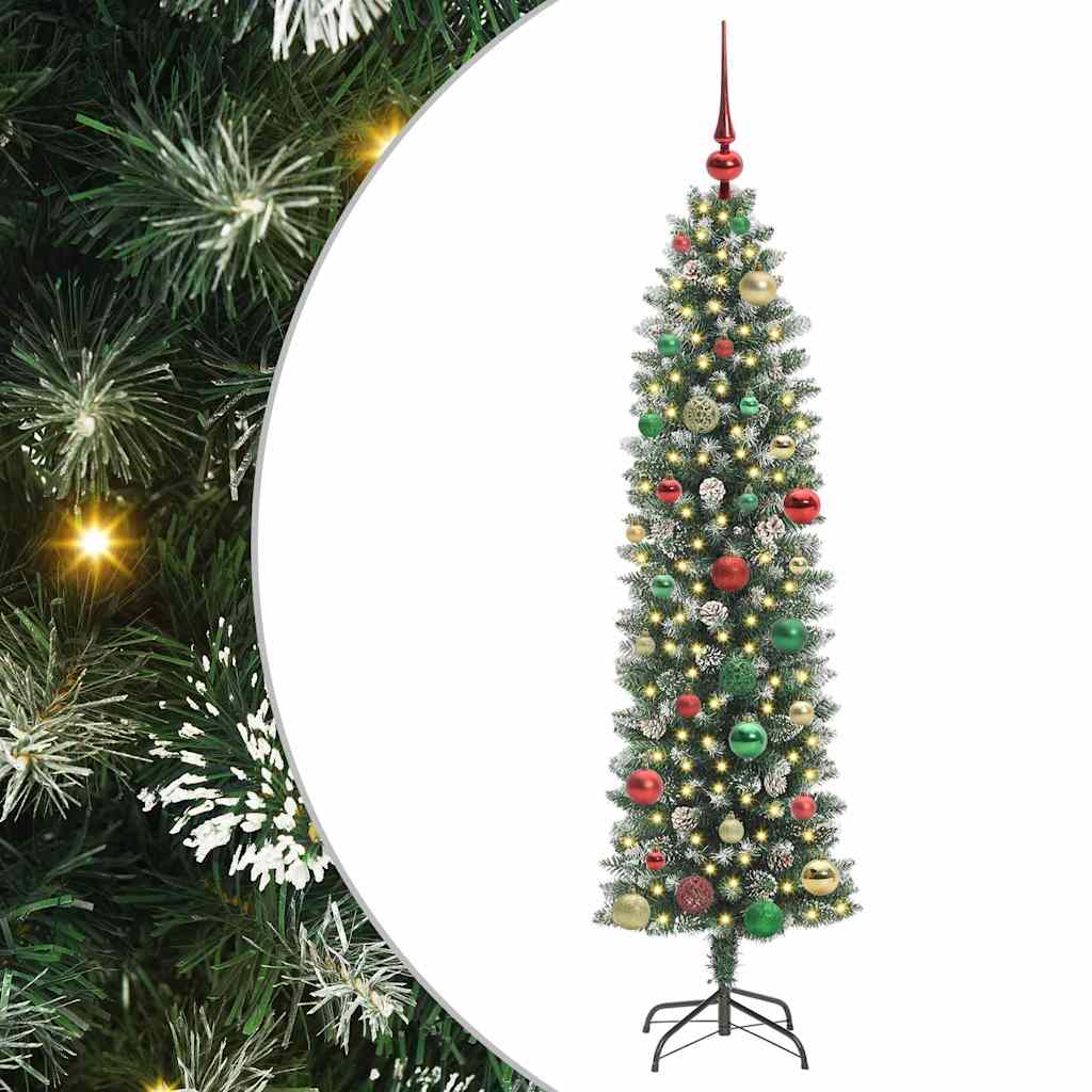 Kunstmatige slanke kerstboom met 150 LED Groen en wit 150 cm