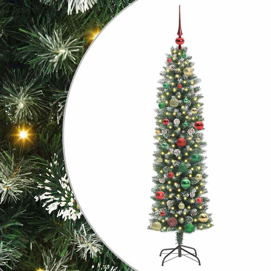 Kunstmatige slanke kerstboom met 150 LED Groen en wit 150 cm