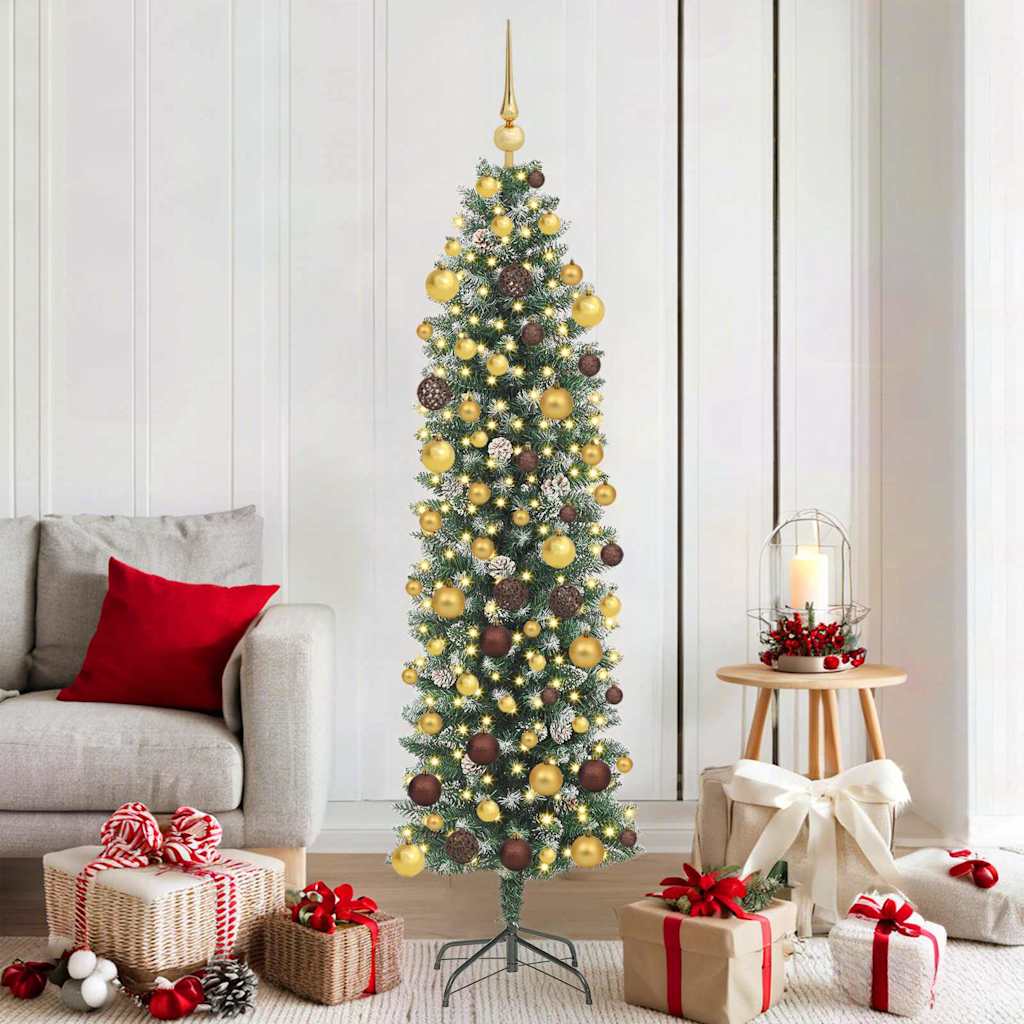 Kunstmatige slanke kerstboom met 300 LED Groen en Wit 180 cm