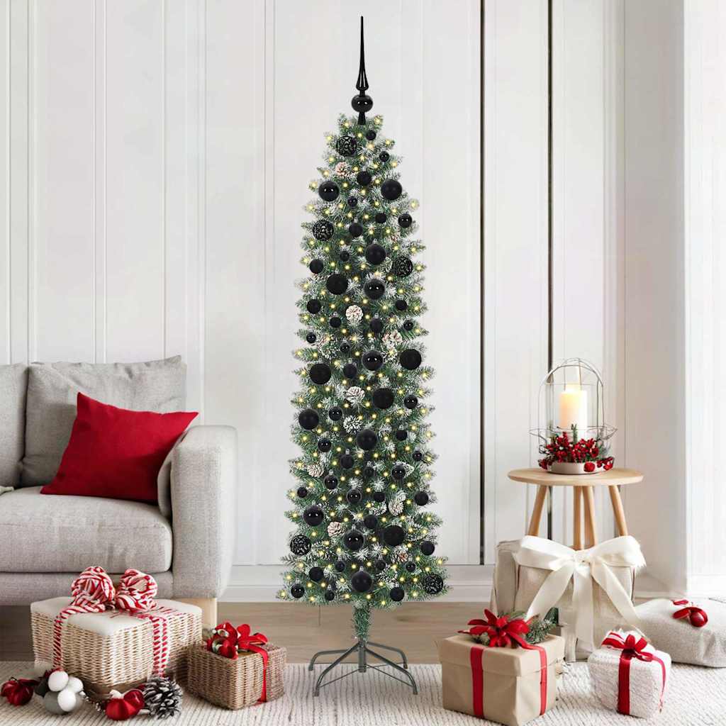 Kunstmatige slanke kerstboom met 300 LED Groen en wit 180 cm