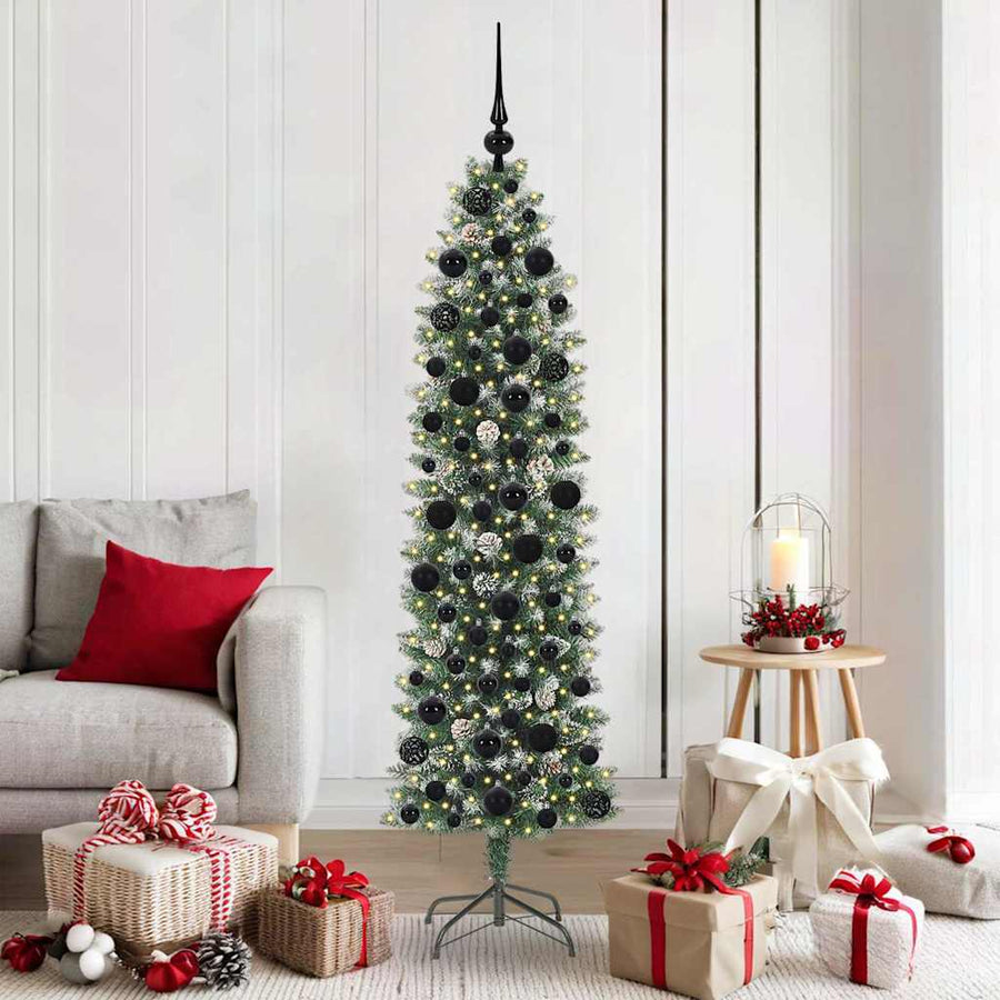 Kunstmatige slanke kerstboom met 300 LED Groen en wit 180 cm