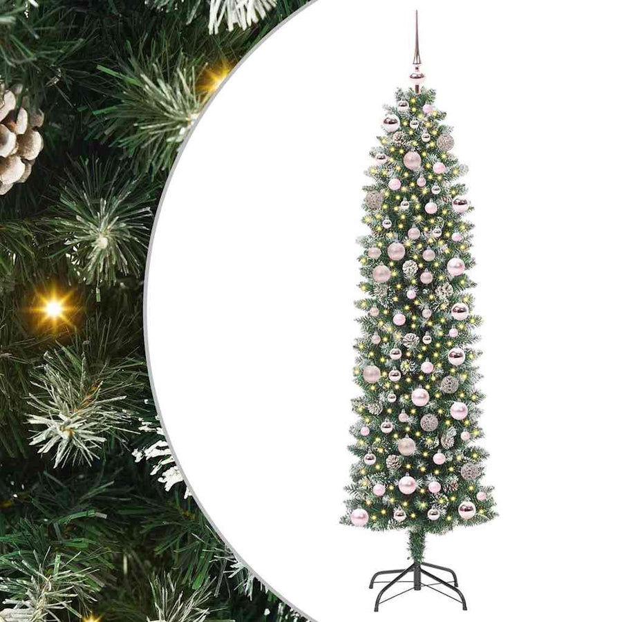 Kunstmatige slanke kerstboom met 300 LED Groen en wit 180 cm