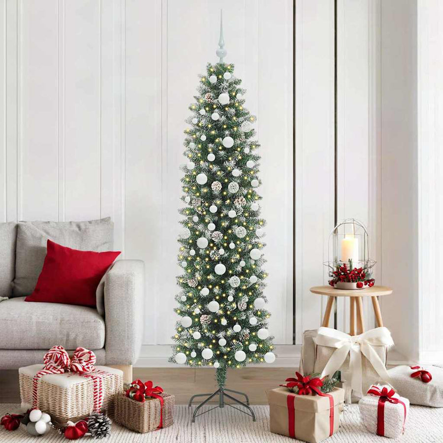 Kunstmatige slanke kerstboom met 300 LED Groen en wit 180 cm