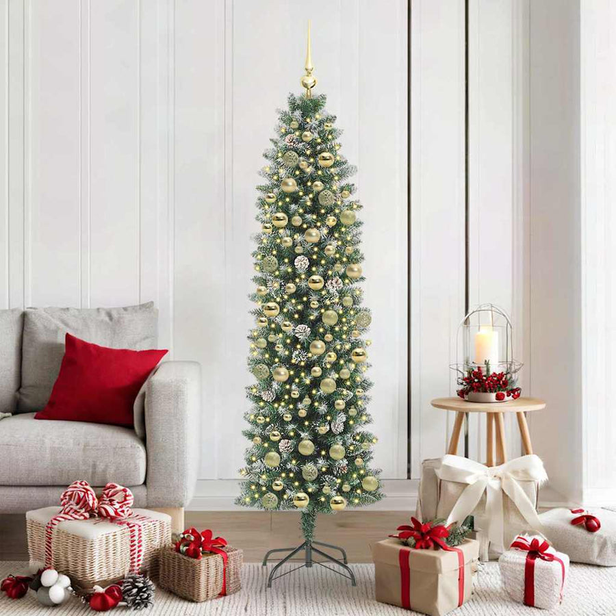 Kunstmatige slanke kerstboom Groen en Wit 180 cm