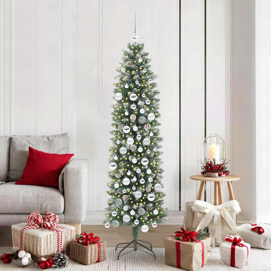Kunstmatige slanke kerstboom met 300 LED Groen en wit 180 cm