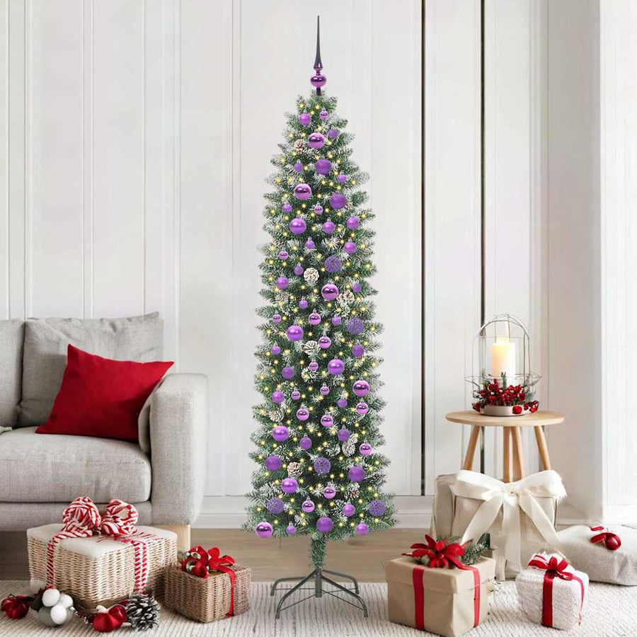 Kunstmatige slanke kerstboom met 300 LED Groen en wit 180 cm