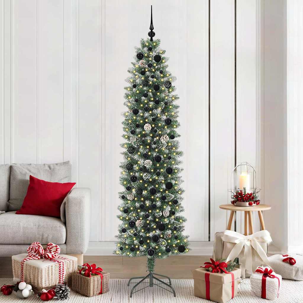 Kunstmatige slanke kerstboom met 300 LED Groen en wit 210 cm
