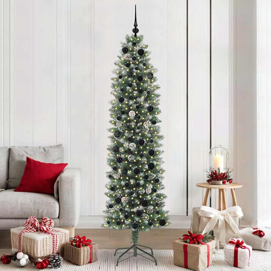 Kunstmatige slanke kerstboom met 300 LED Groen en wit 210 cm