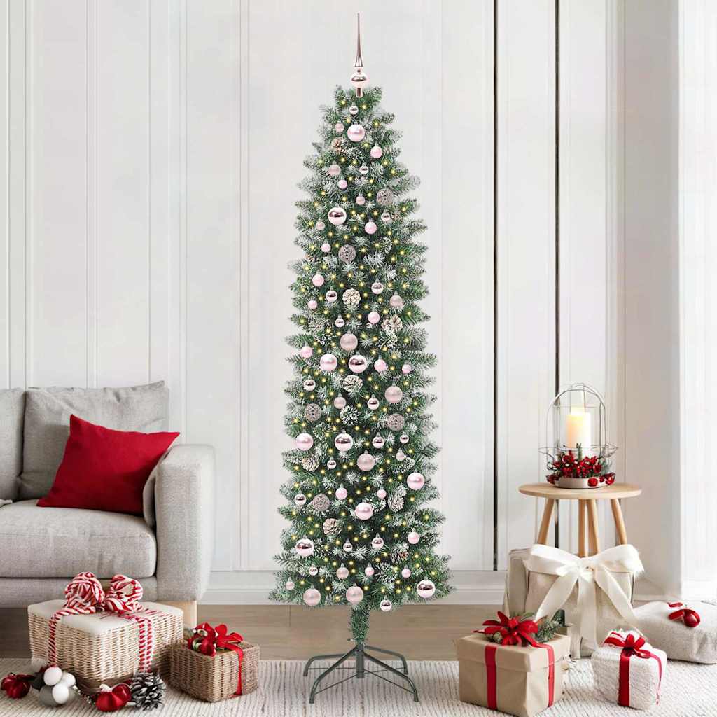 Kunstmatige slanke kerstboom met 300 LED Groen en wit 210 cm