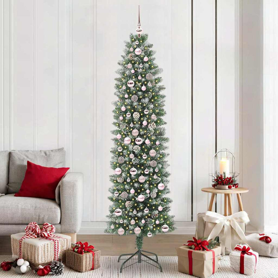 Kunstmatige slanke kerstboom met 300 LED Groen en wit 210 cm
