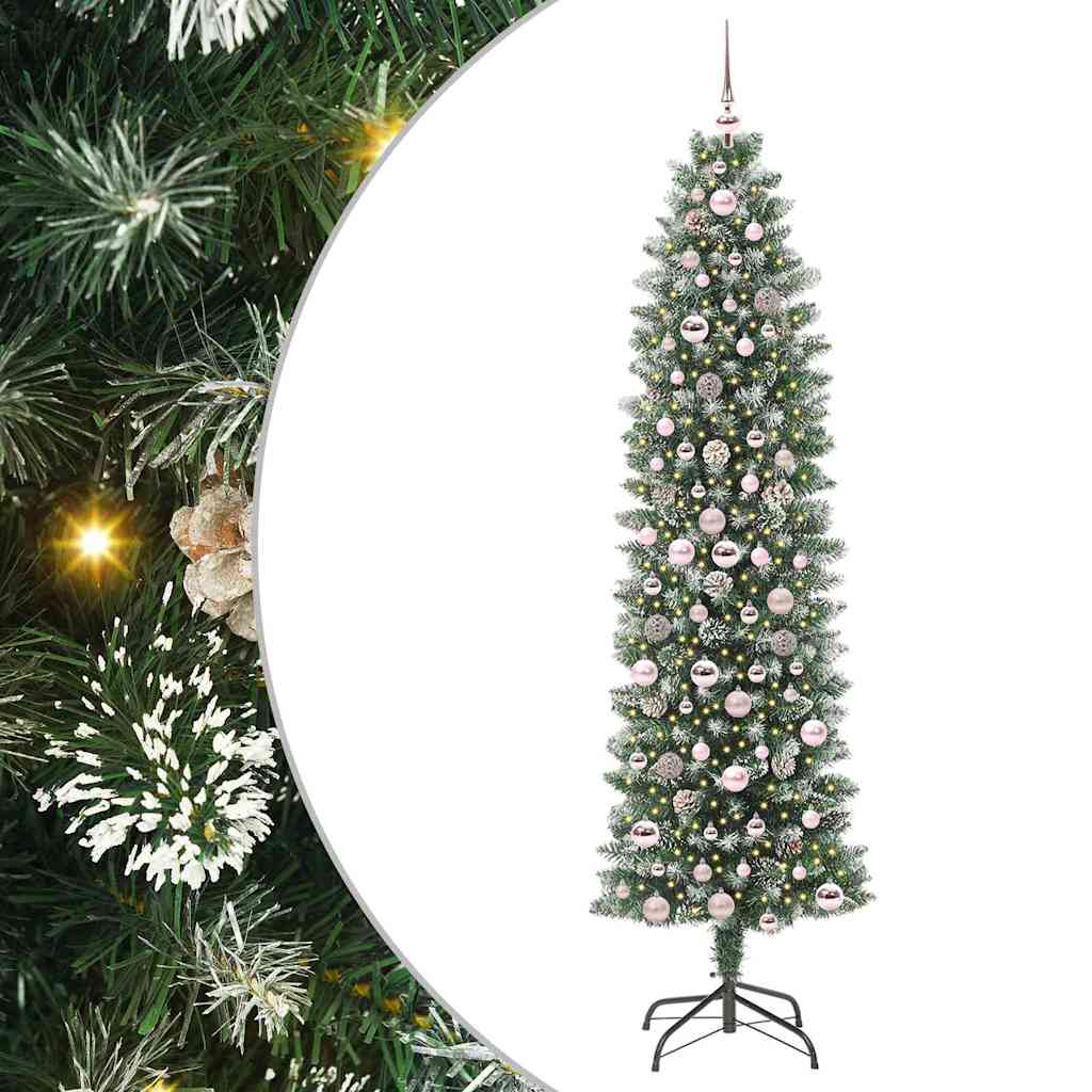 Kunstmatige slanke kerstboom met 300 LED Groen en wit 210 cm