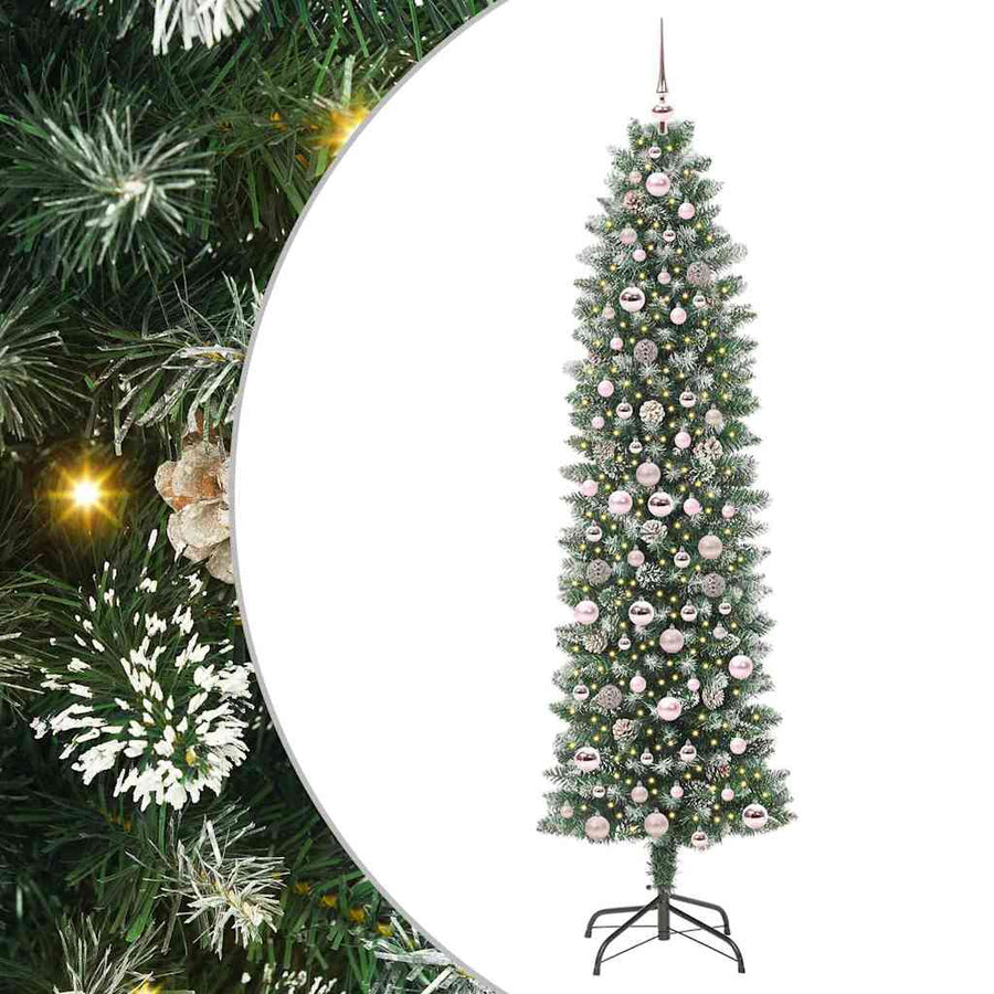 Kunstmatige slanke kerstboom met 300 LED Groen en wit 210 cm