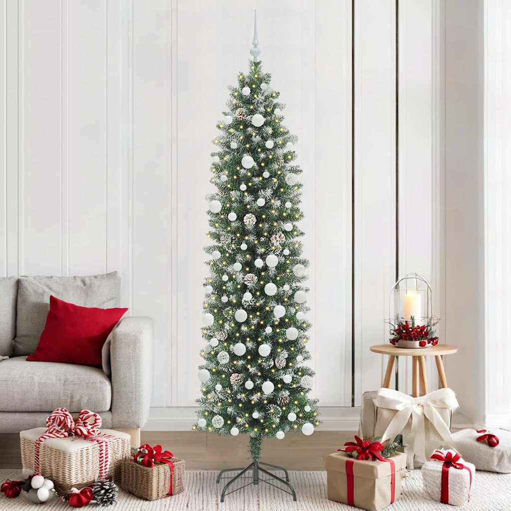 Kunstmatige slanke kerstboom met 300 LED Groen en wit 210 cm